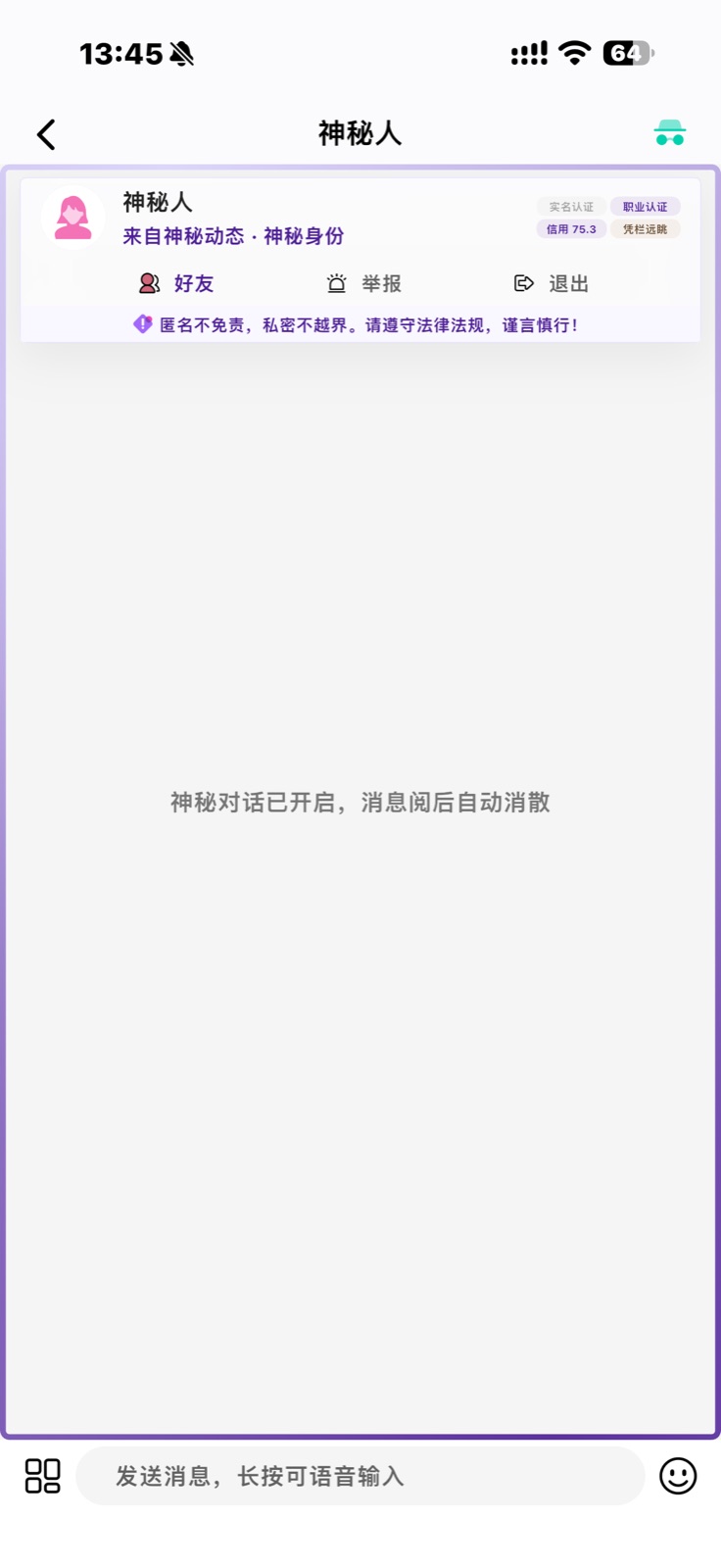 神秘对话完整真机截图：神秘人悬浮窗与阅后消散